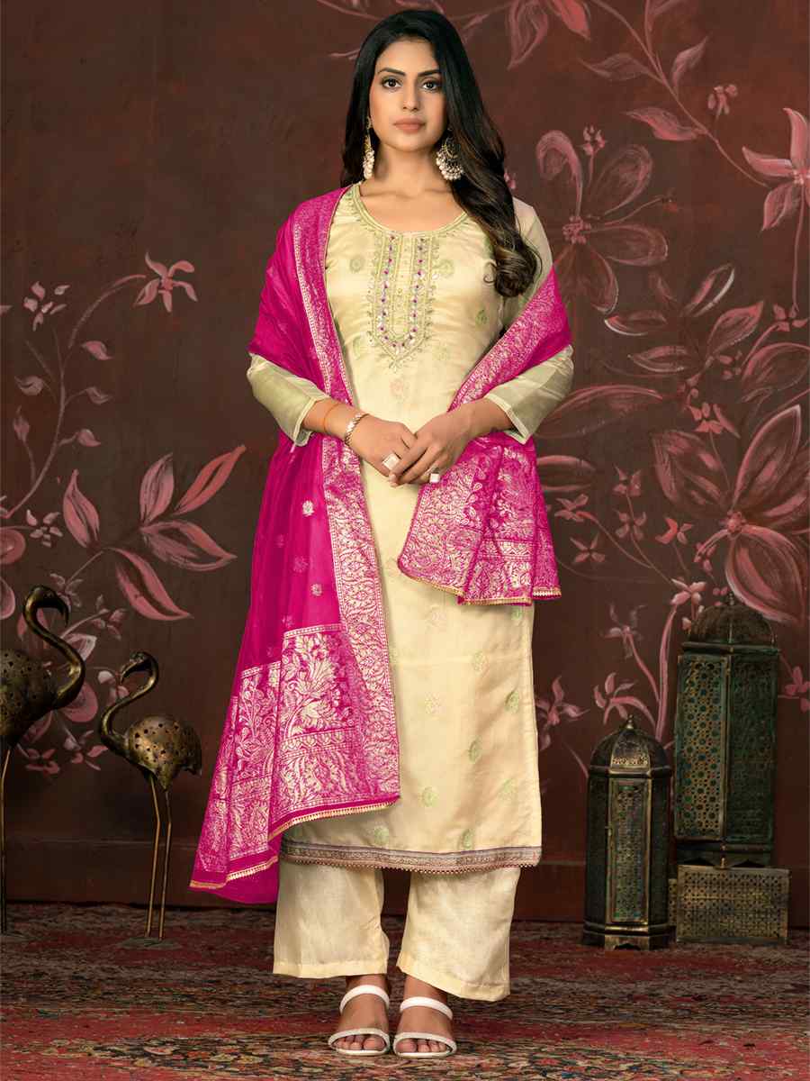 Yellow Organza Jacquard Embroidered Casual Festival Pant Salwar Kameez