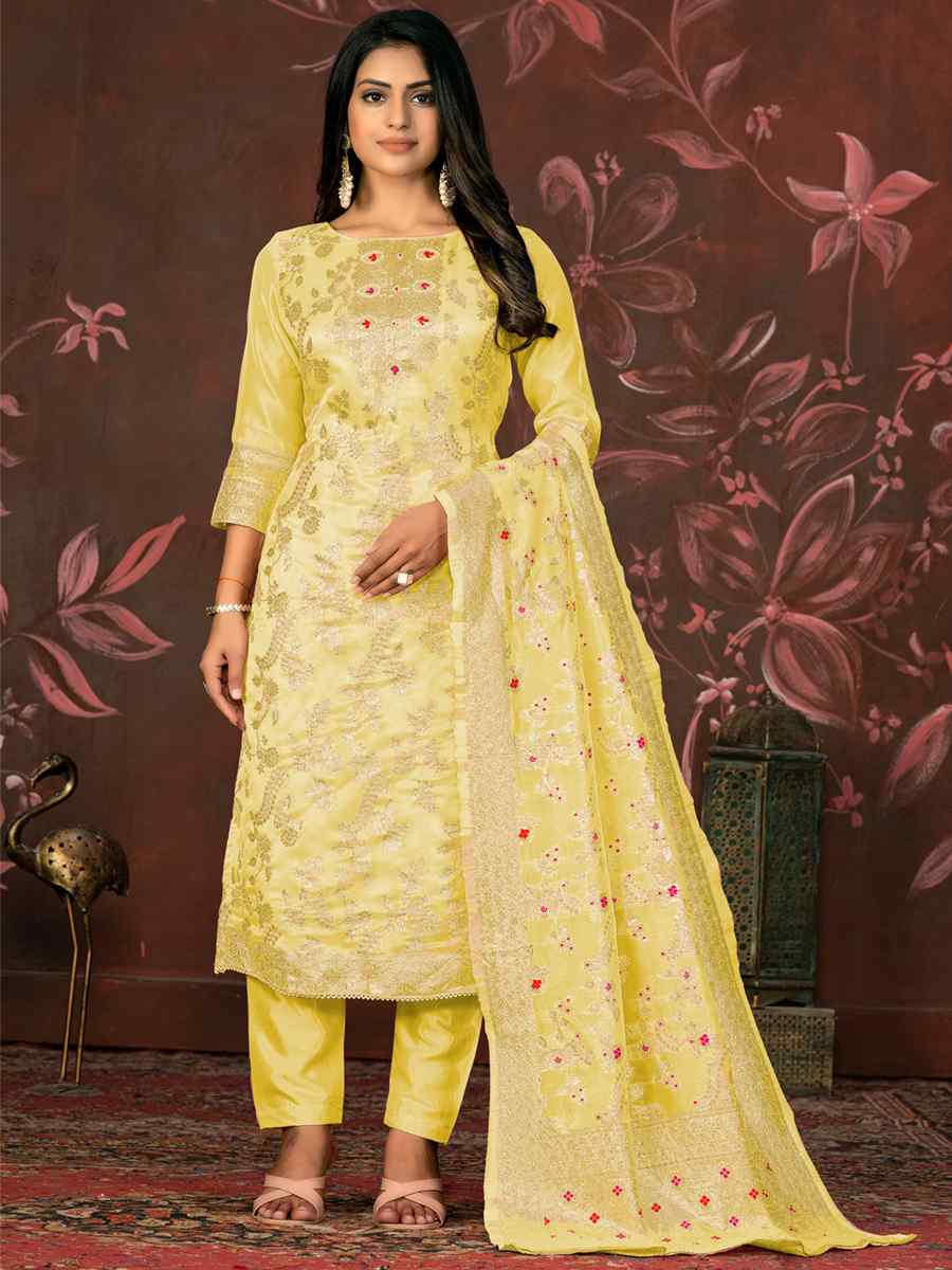 Yellow Organza Jacquard Embroidered Casual Festival Pant Salwar Kameez