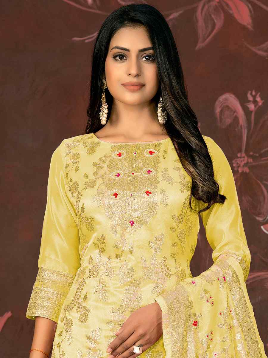 Yellow Organza Jacquard Embroidered Casual Festival Pant Salwar Kameez