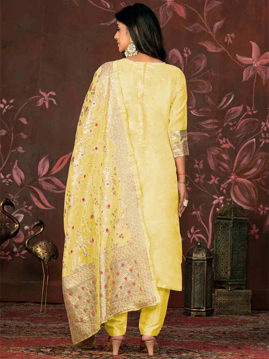 Yellow Organza Jacquard Embroidered Casual Festival Pant Salwar Kameez
