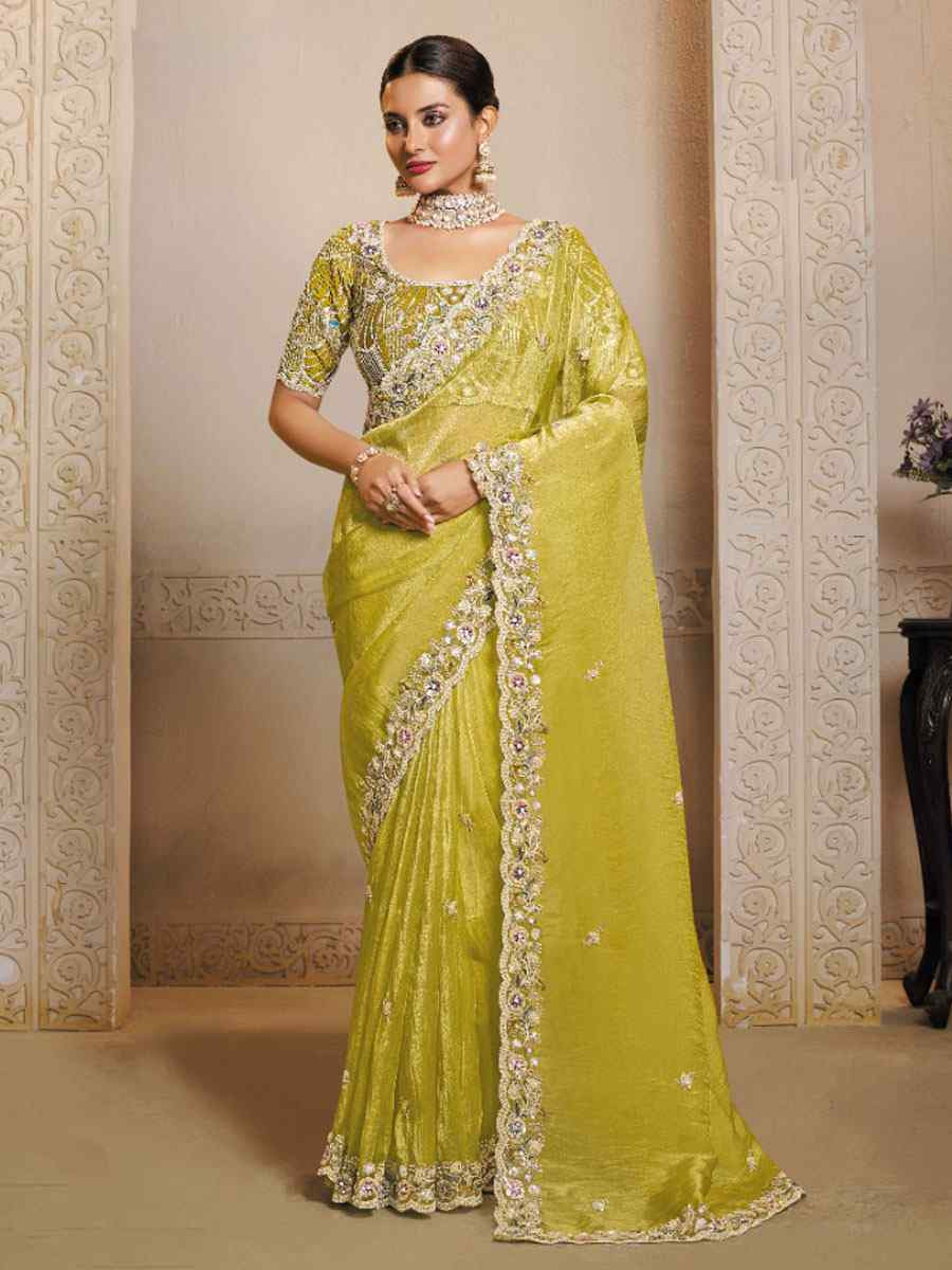 Yellow Organza Satin Embroidery Festival Wedding Fancy Heavy Border Saree
