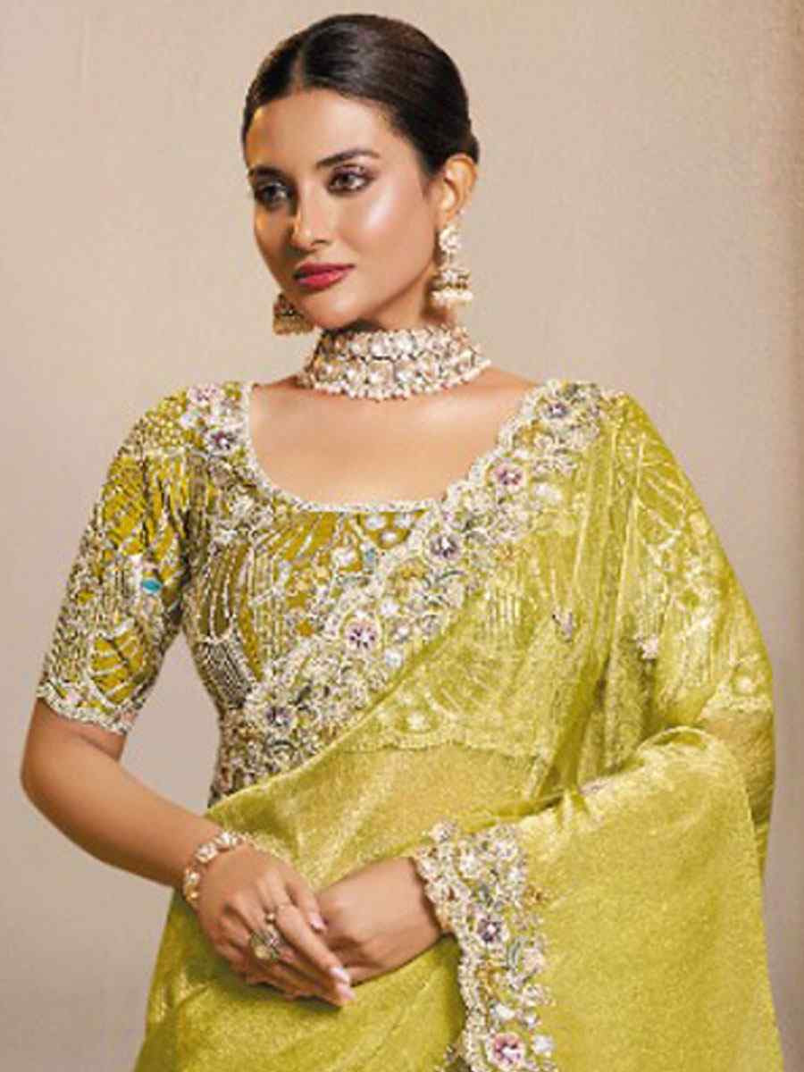 Yellow Organza Satin Embroidery Festival Wedding Fancy Heavy Border Saree