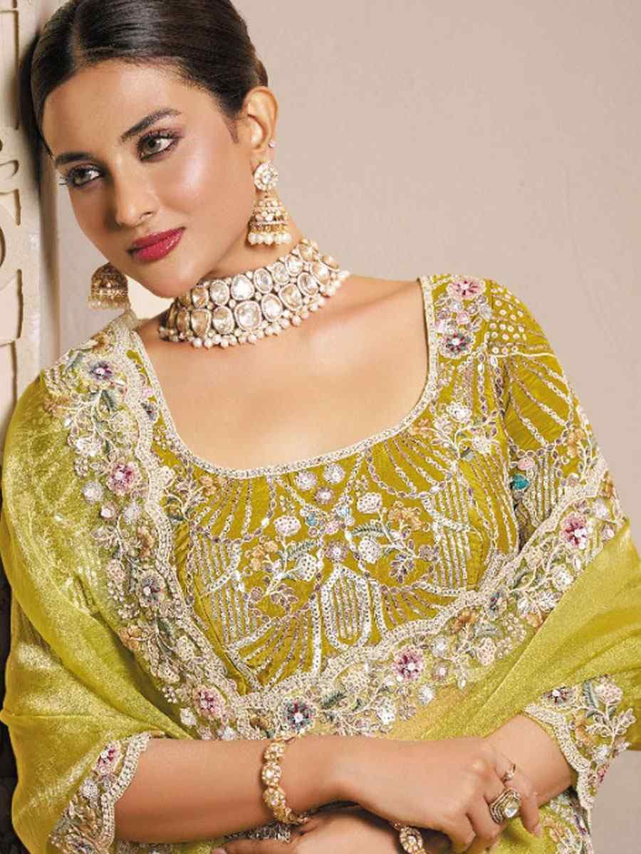 Yellow Organza Satin Embroidery Festival Wedding Fancy Heavy Border Saree