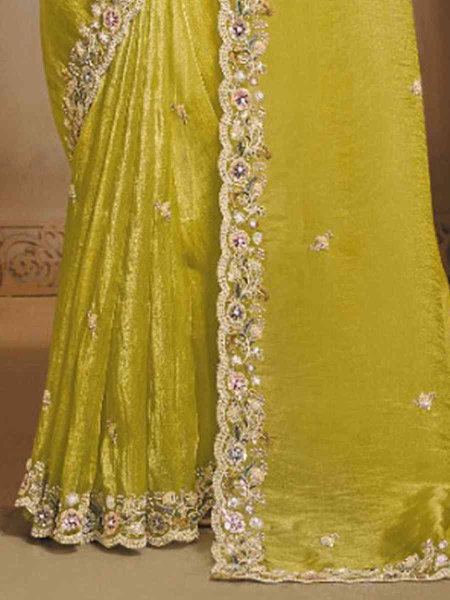 Yellow Organza Satin Embroidery Festival Wedding Fancy Heavy Border Saree