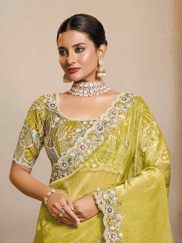 Image of Yellow Organza Satin Embroidery Traditional Bridal Reception Festival Wedding Fancy Heavy Border Saree