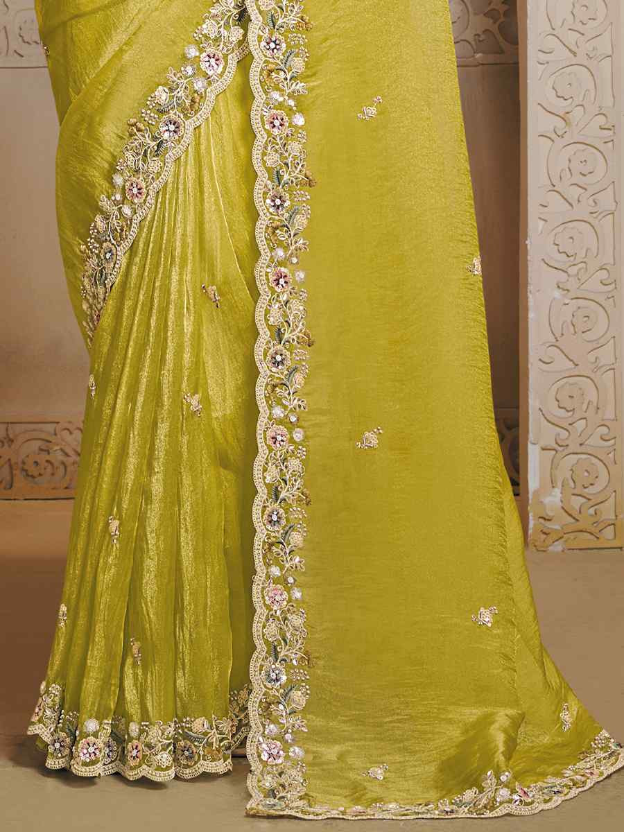 Yellow Organza Satin Embroidery Traditional Bridal Reception Festival Wedding Fancy Heavy Border Saree