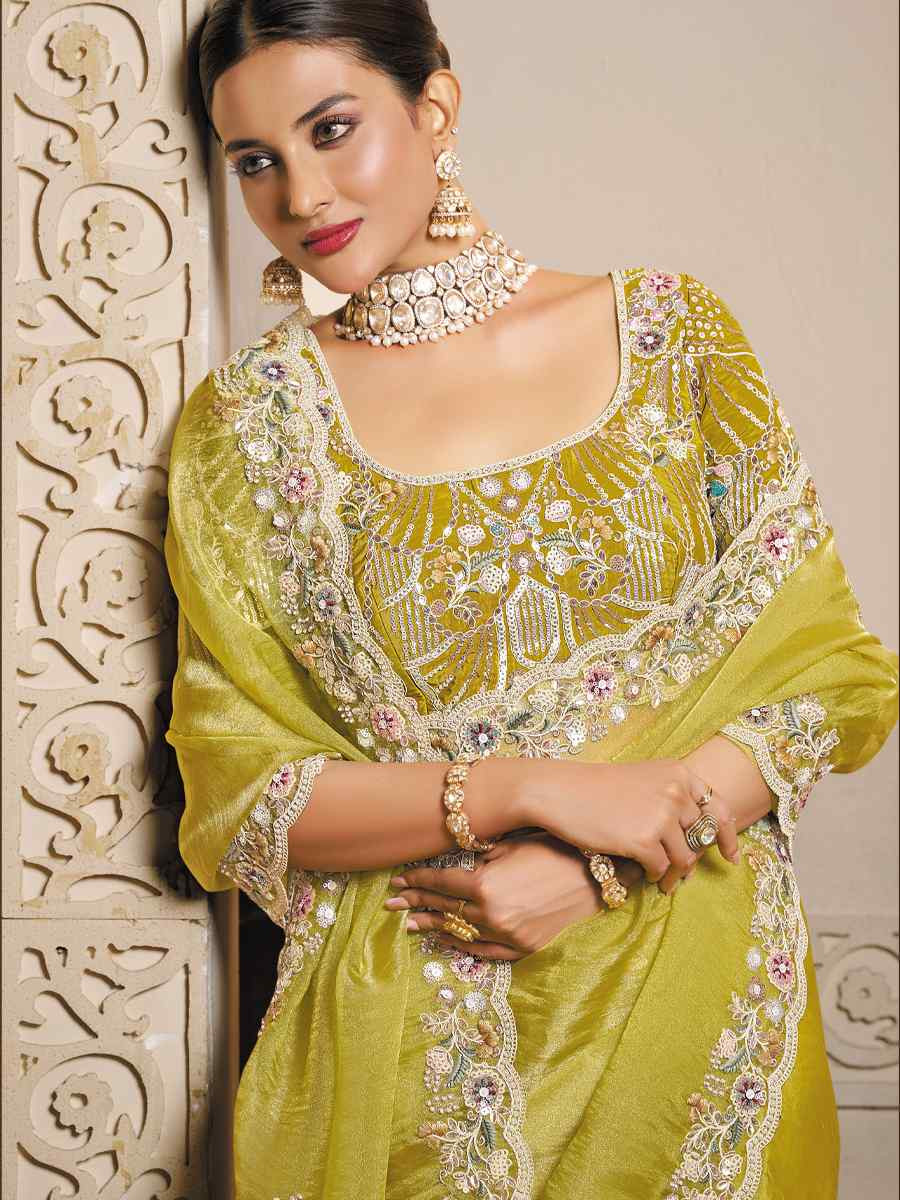 Yellow Organza Satin Embroidery Traditional Bridal Reception Festival Wedding Fancy Heavy Border Saree