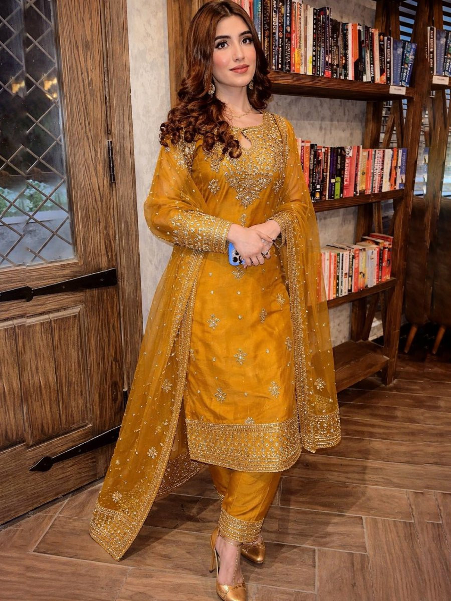 Yellow Organza silk Embroidery Zari Sequins Wedding Party Festival Casual Ready Palazzo Pant Salwar Kameez