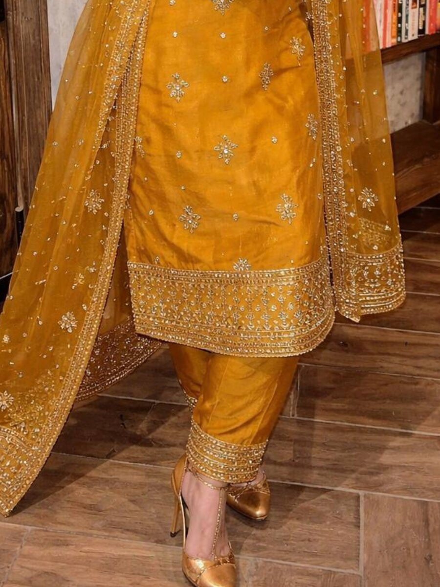 Yellow Organza silk Embroidery Zari Sequins Wedding Party Festival Casual Ready Palazzo Pant Salwar Kameez
