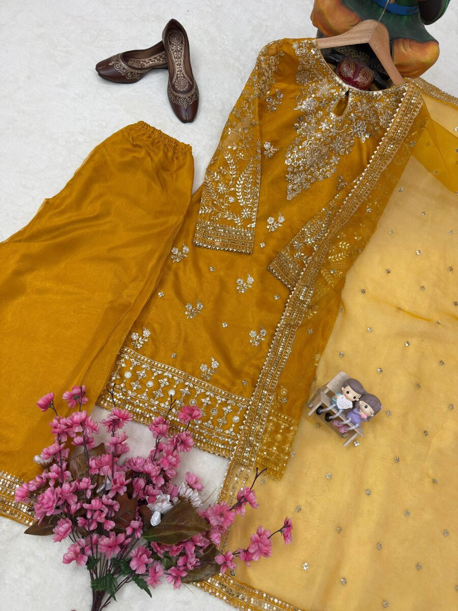 Yellow Organza silk Embroidery Zari Sequins Wedding Party Festival Casual Ready Palazzo Pant Salwar Kameez