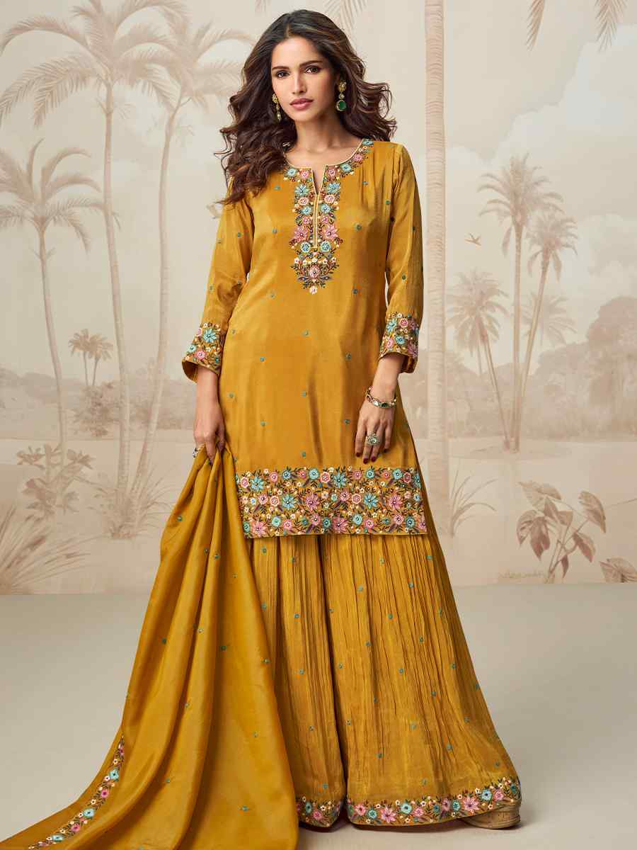 Yellow Organza Simar Silk Embroidered Festival Casual Ready Palazzo Pant Salwar Kameez
