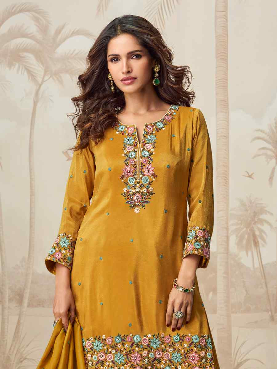 Yellow Organza Simar Silk Embroidered Festival Casual Ready Palazzo Pant Salwar Kameez