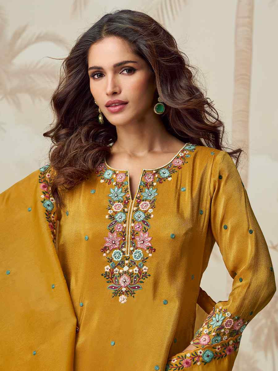 Yellow Organza Simar Silk Embroidered Festival Casual Ready Palazzo Pant Salwar Kameez