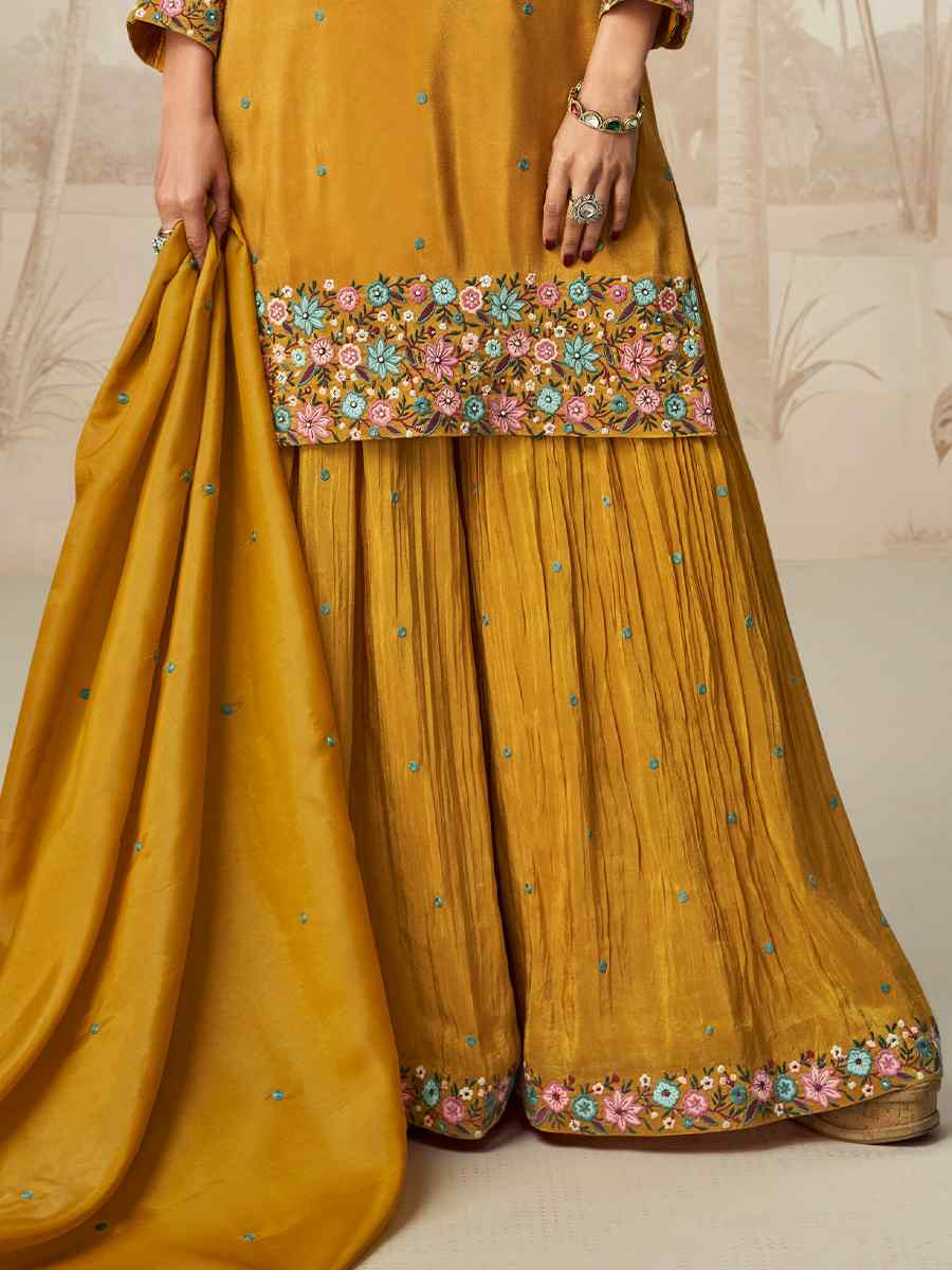 Yellow Organza Simar Silk Embroidered Festival Casual Ready Palazzo Pant Salwar Kameez