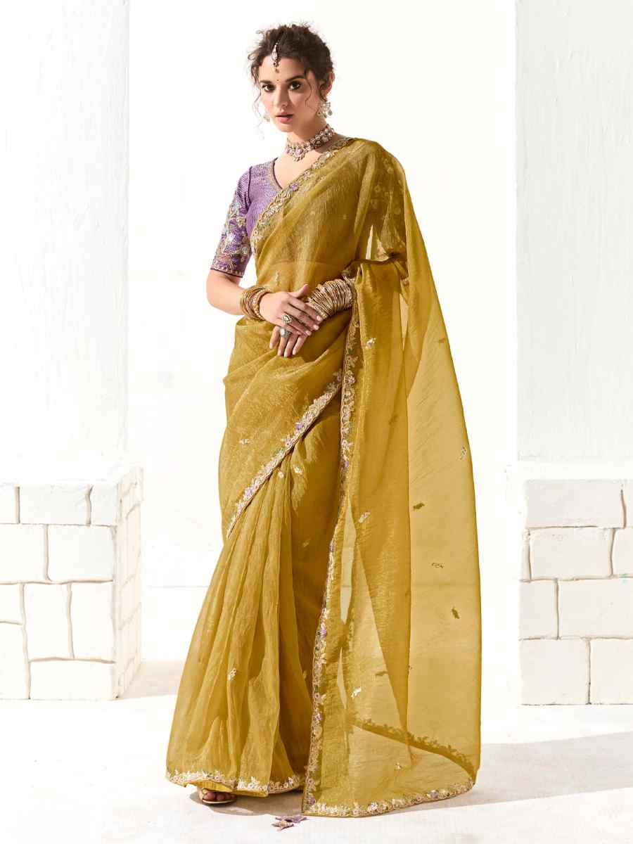Yellow Organza Tissue Embroidered Festival Wedding Fancy Heavy Border Saree