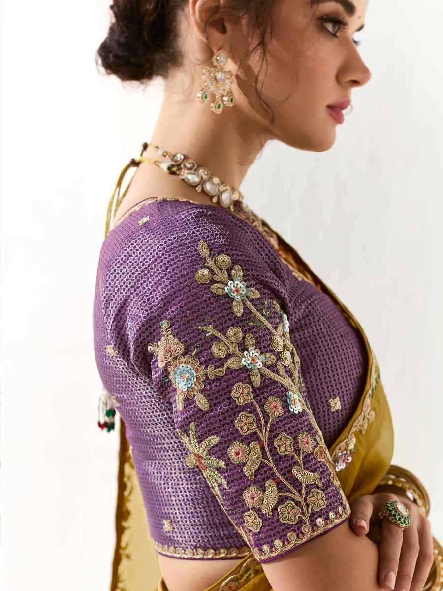 Yellow Organza Tissue Embroidered Festival Wedding Fancy Heavy Border Saree