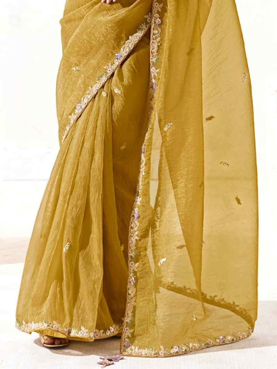 Yellow Organza Tissue Embroidered Festival Wedding Fancy Heavy Border Saree