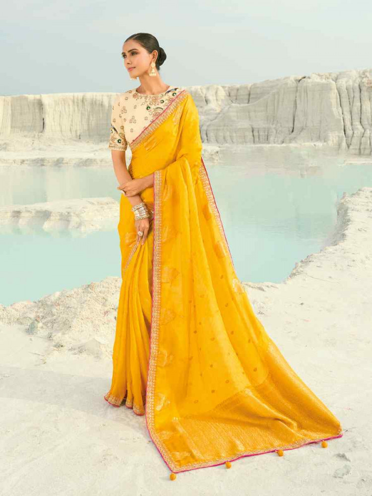 Image of Yellow Organza Viscose Embroidery Bridal Reception Festival Wedding Fancy Heavy Border Saree