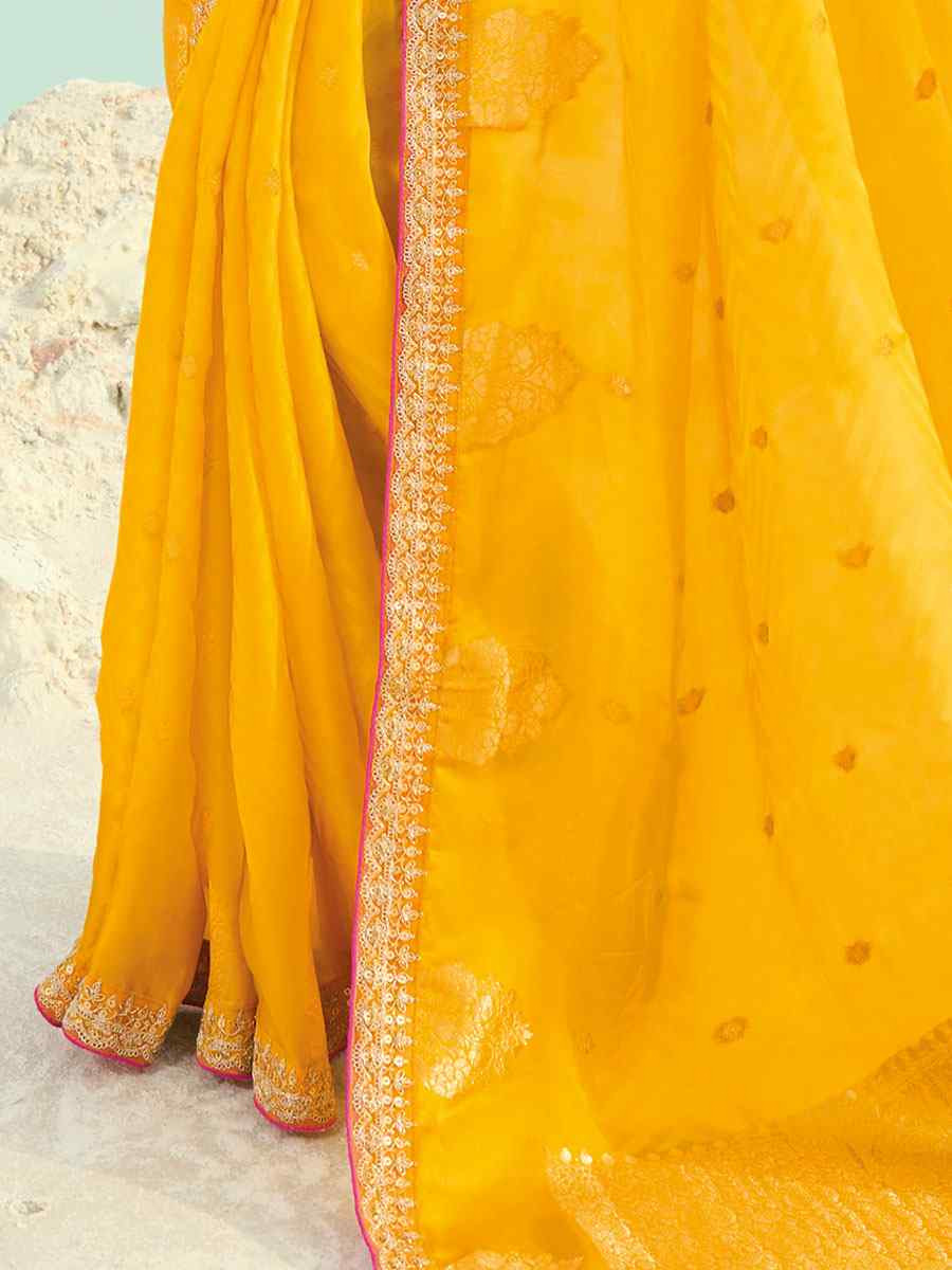 Yellow Organza Viscose Embroidery Bridal Reception Festival Wedding Fancy Heavy Border Saree