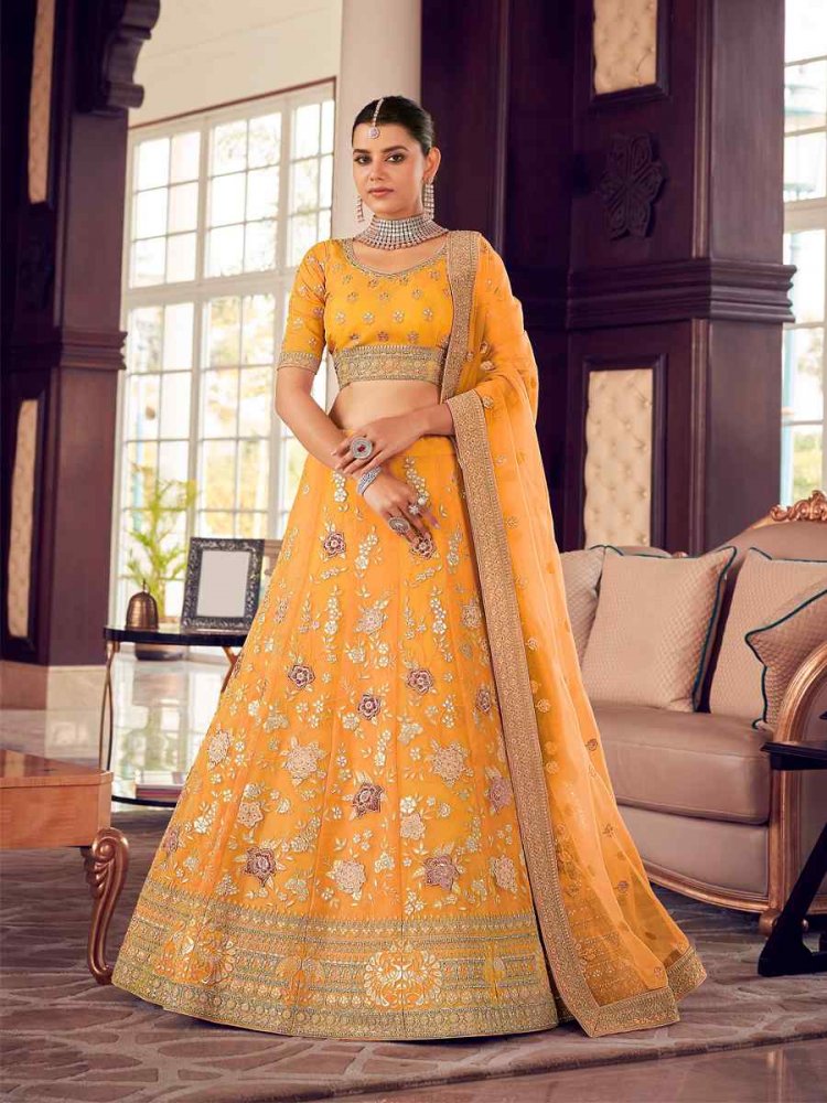 Yellow Organza Zari Bridal Reception Heavy Border Lehenga Choli