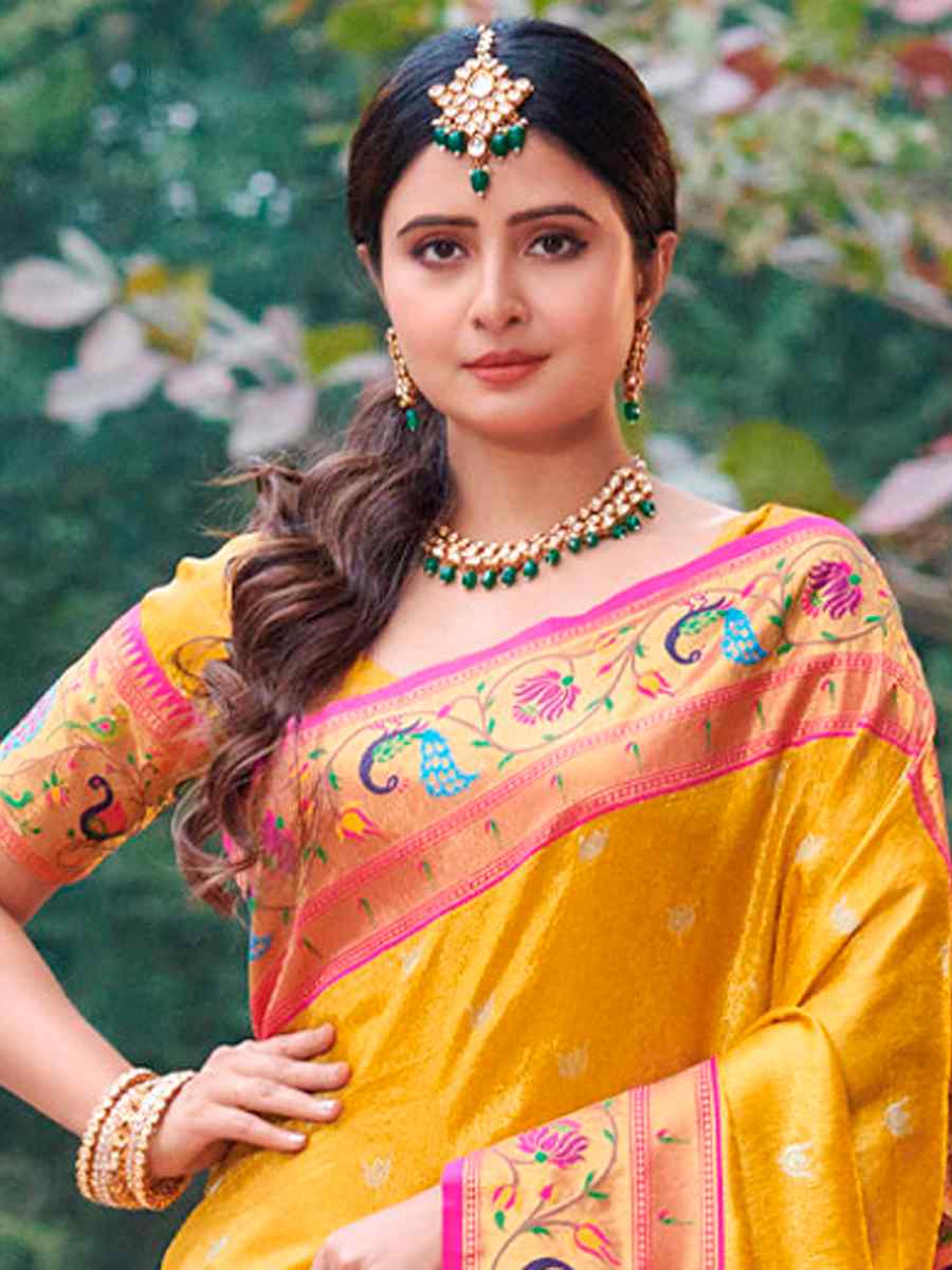 Yellow Paithani Silk Handwoven Festival Wedding Heavy Border Saree
