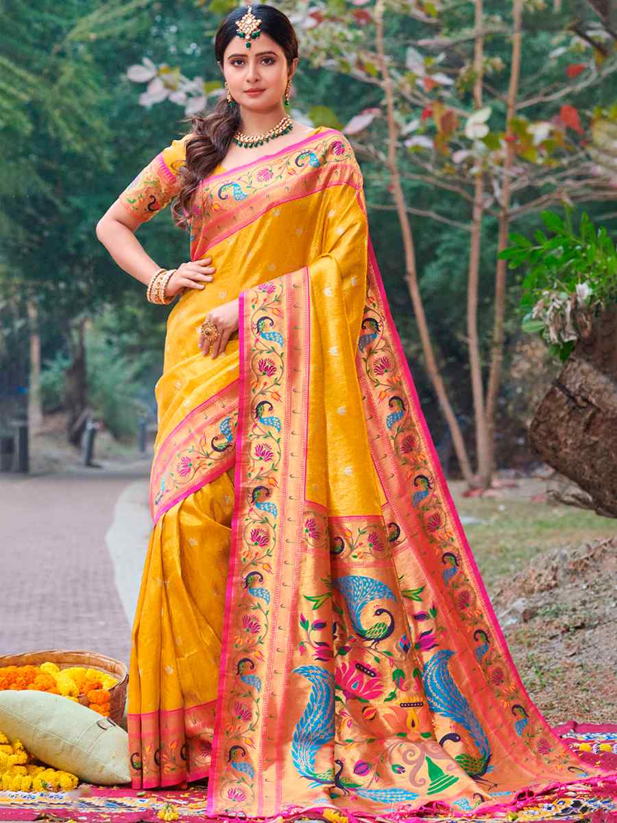 Yellow Paithani Silk Handwoven Festival Wedding Heavy Border Saree