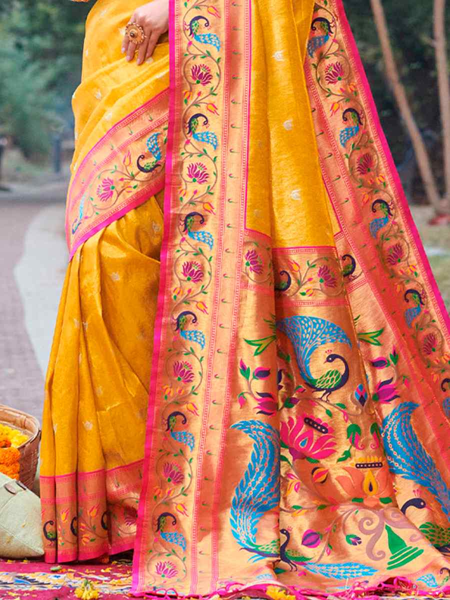 Yellow Paithani Silk Handwoven Festival Wedding Heavy Border Saree