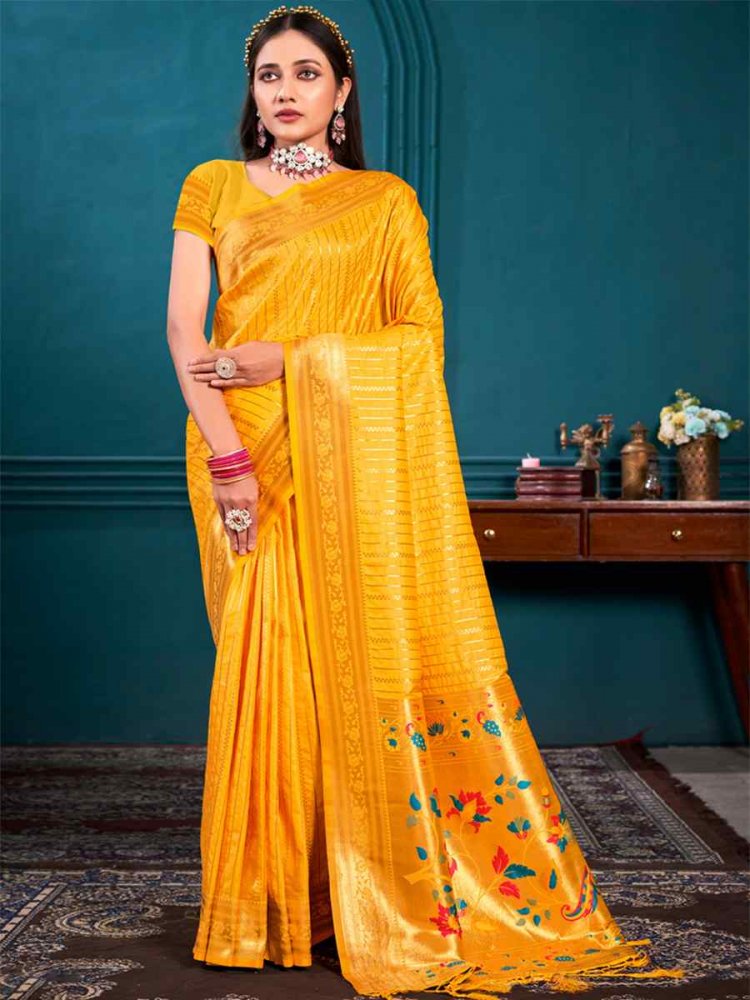 Yellow Paithani Silk Handwoven Wedding Festival Heavy Border Saree