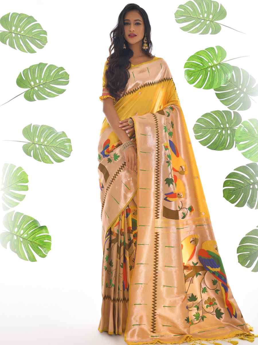 Yellow Paithani Silk Handwoven Wedding Festival Heavy Border Saree