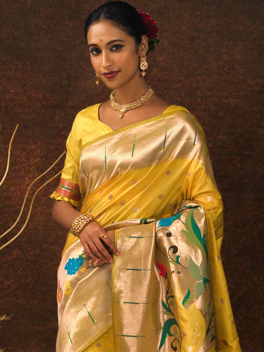 Yellow Paithani Silk Handwoven Wedding Festival Heavy Border Saree