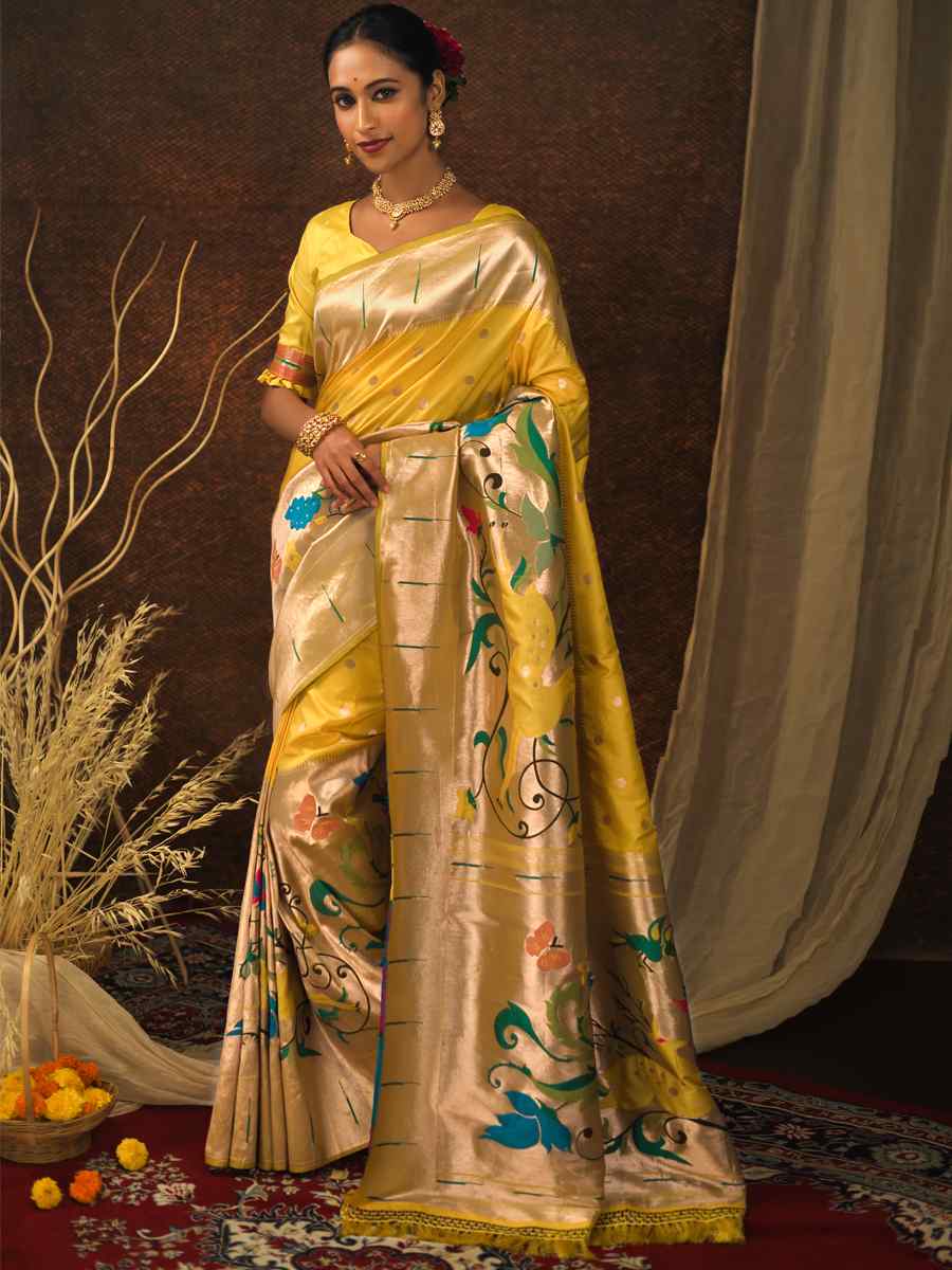 Yellow Paithani Silk Handwoven Wedding Festival Heavy Border Saree