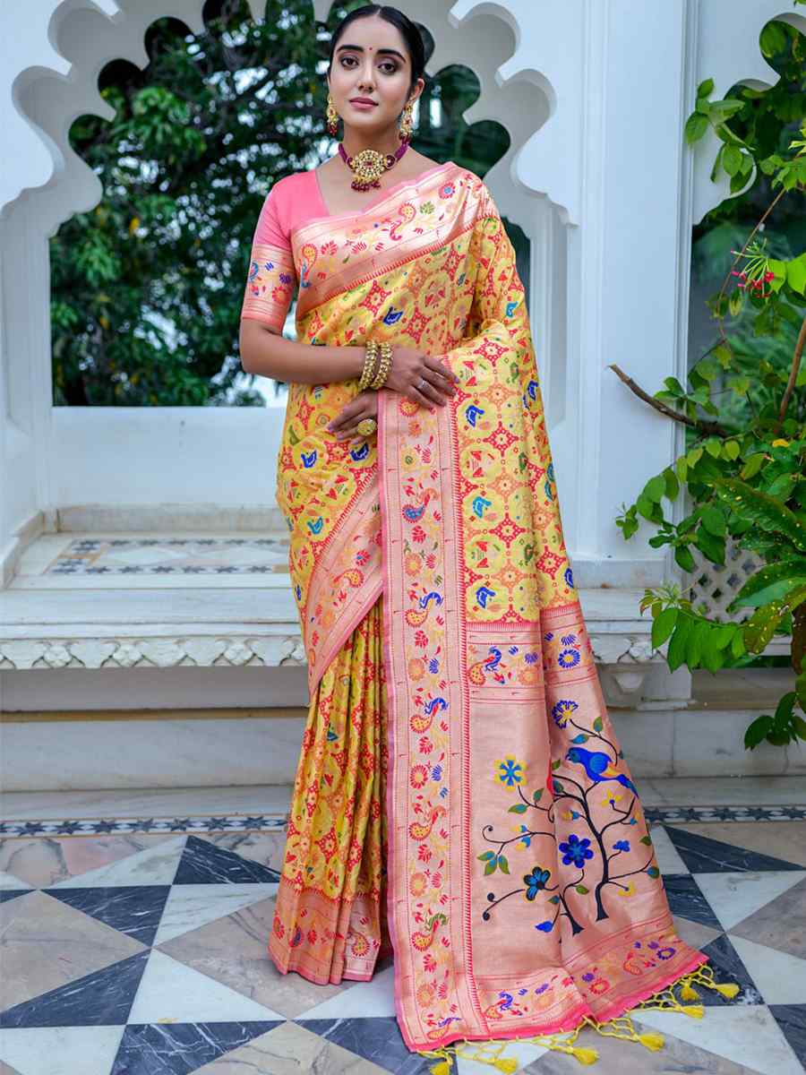 Yellow Paithani Silk Handwoven Wedding Festival Heavy Border Saree