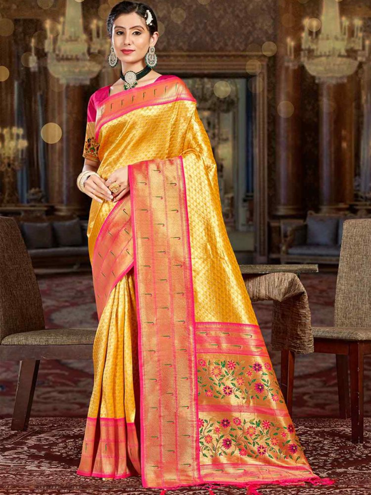 Yellow Paithani Silk Handwoven Wedding Festival Heavy Border Saree