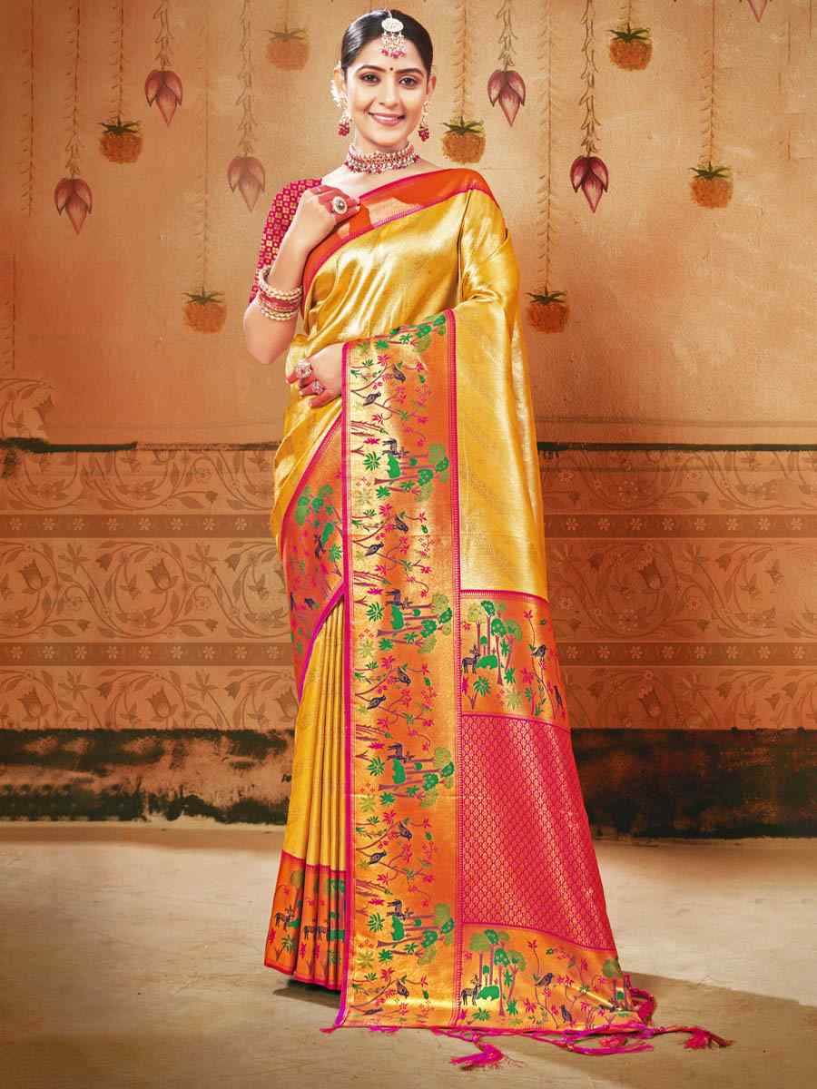 Yellow Paithani Silk Handwoven Wedding Festival Heavy Border Saree