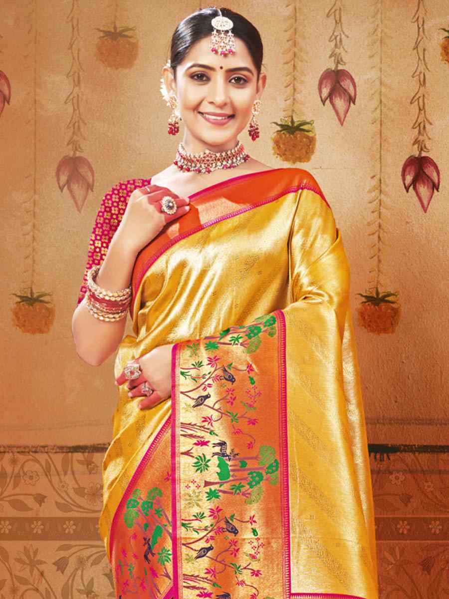 Yellow Paithani Silk Handwoven Wedding Festival Heavy Border Saree