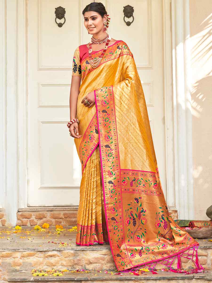 Yellow Paithani Silk Handwoven Wedding Festival Heavy Border Saree