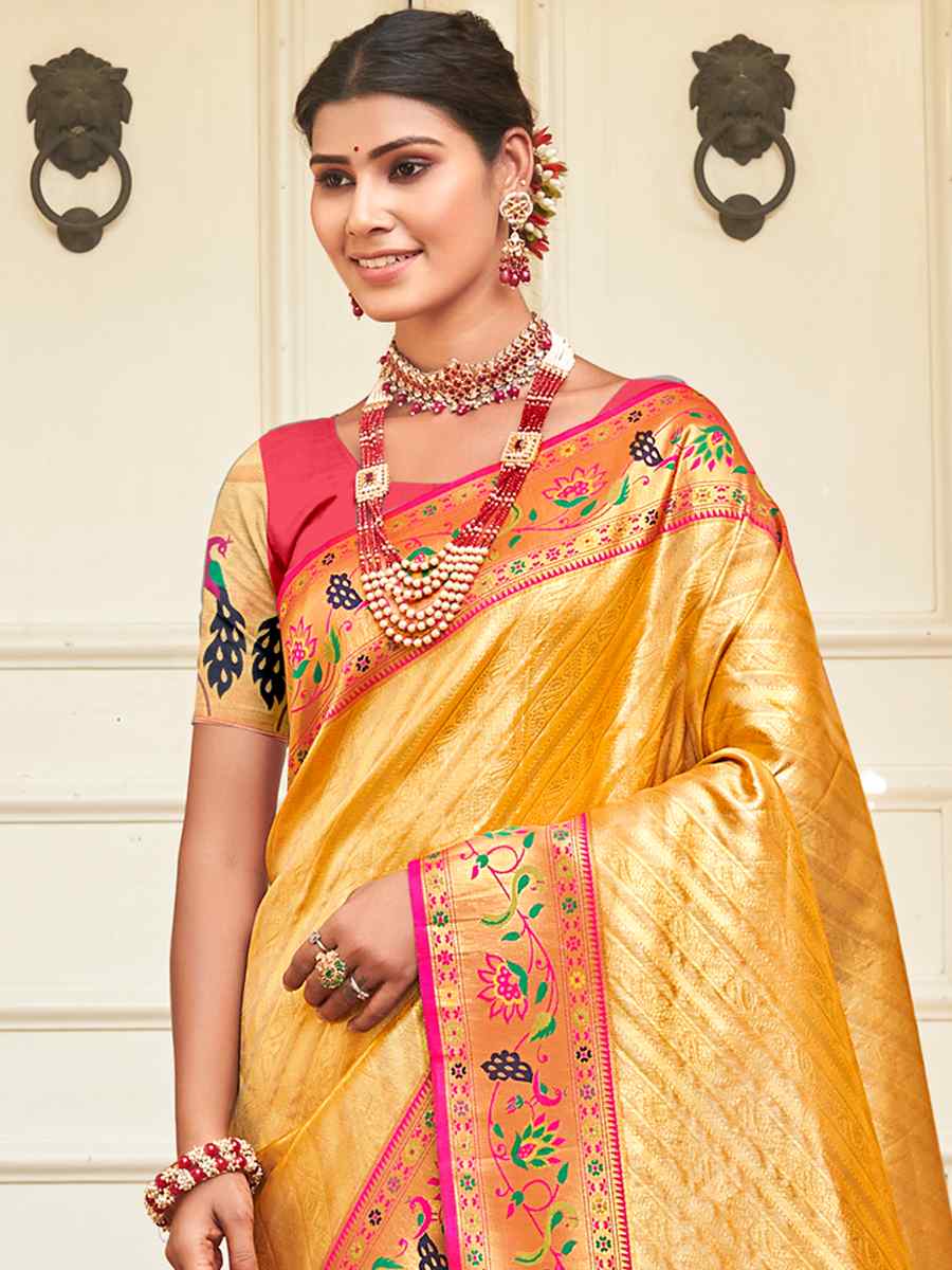 Yellow Paithani Silk Handwoven Wedding Festival Heavy Border Saree