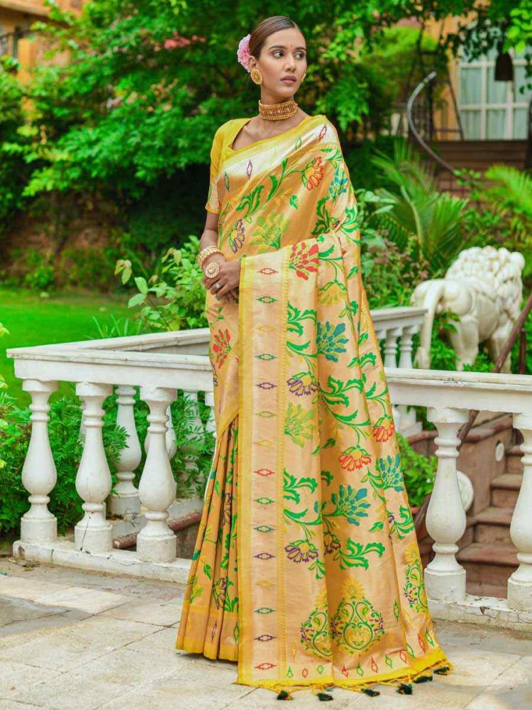 Yellow Paithani Silk Handwoven Wedding Festival Heavy Border Saree