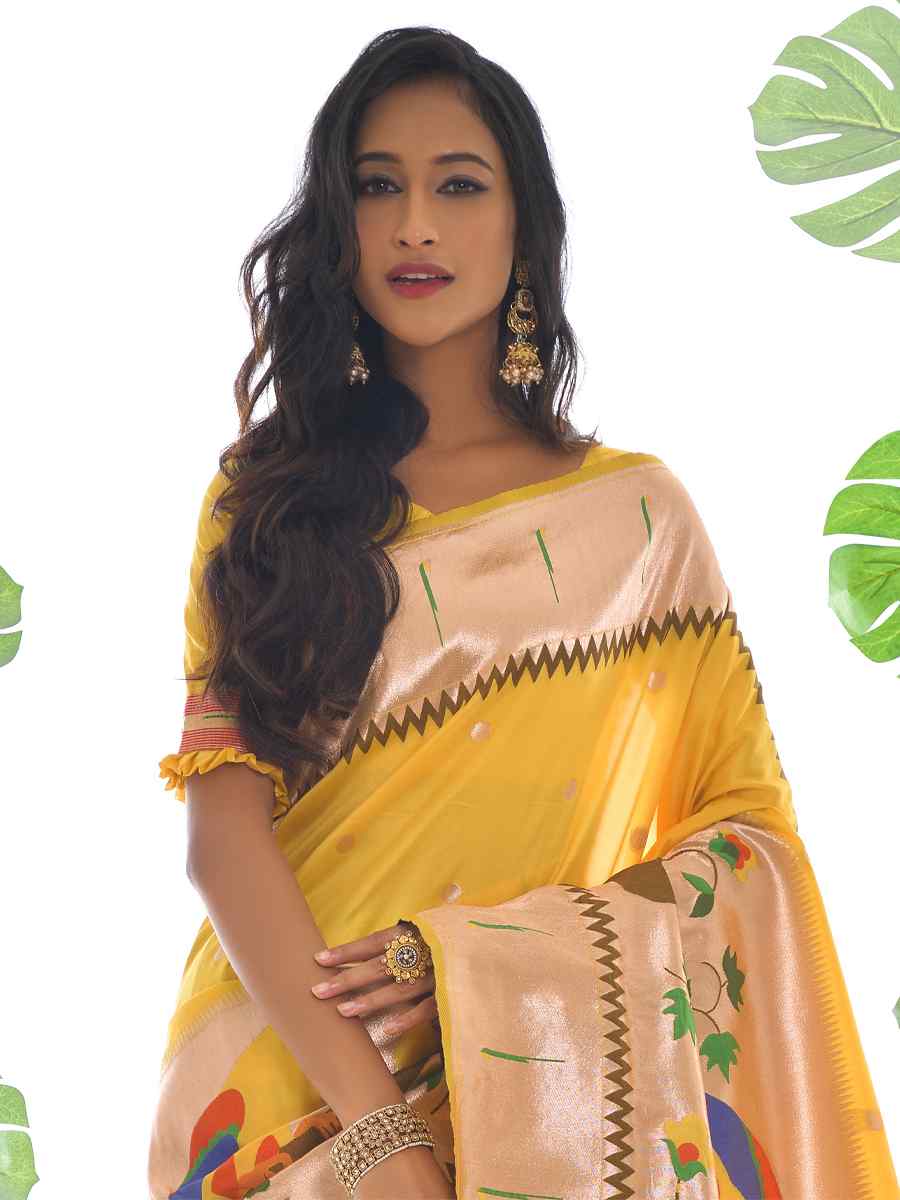 Yellow Paithani Silk Handwoven Wedding Festival Heavy Border Saree