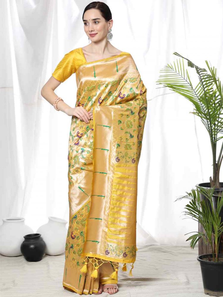 Yellow Paithani Silk Handwoven Wedding Festival Heavy Border Saree