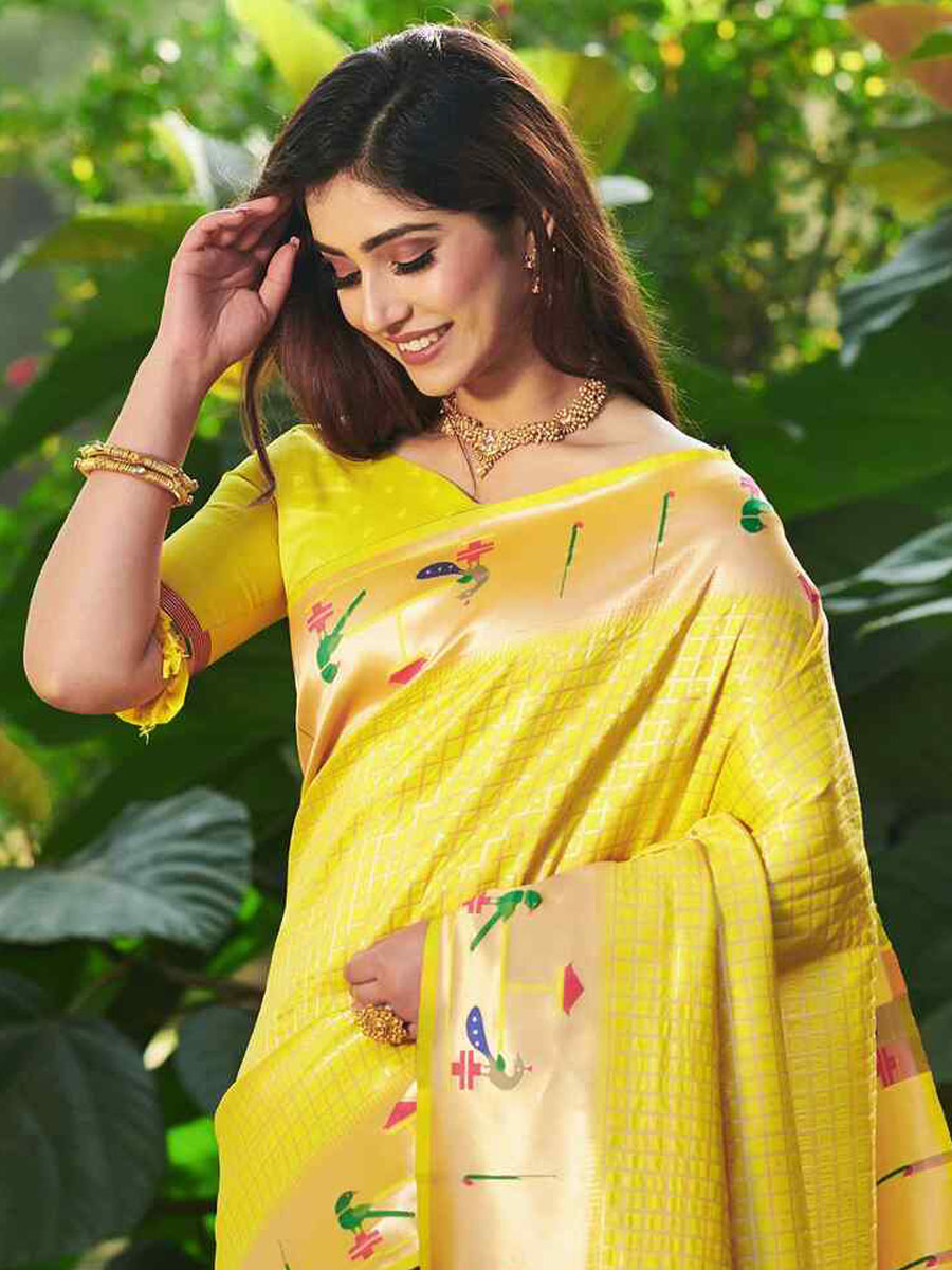 Yellow Paithani Silk Handwoven Wedding Festival Heavy Border Saree