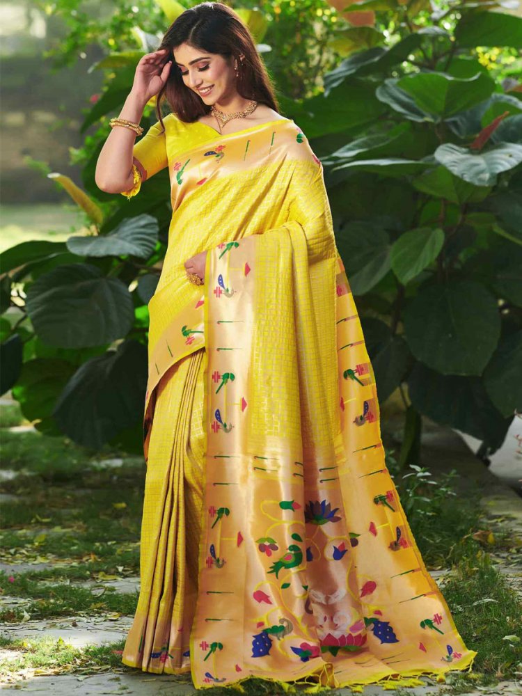 Yellow Paithani Silk Handwoven Wedding Festival Heavy Border Saree