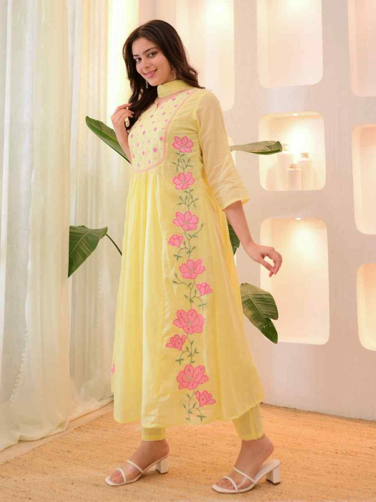 Image of Yellow Parampara Silk Embroidery Party Wedding Festival Casual Ready Pant Salwar Kameez