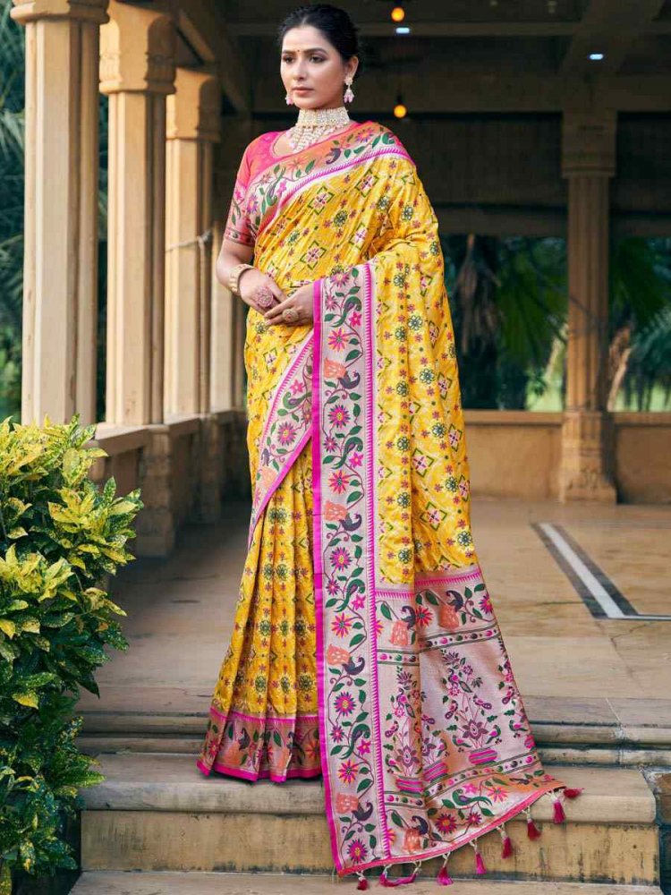 Yellow Patola Silk Handwoven Wedding Festival Heavy Border Saree