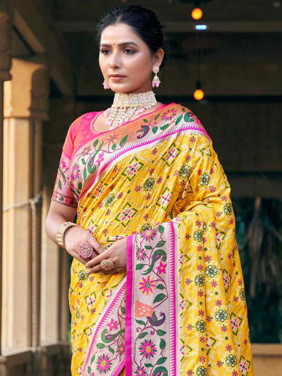 Yellow Patola Silk Handwoven Wedding Festival Heavy Border Saree