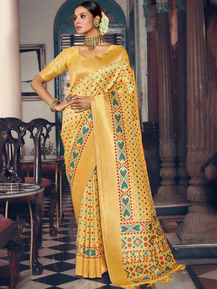 Yellow Patola Silk Handwoven Wedding Festival Heavy Border Saree