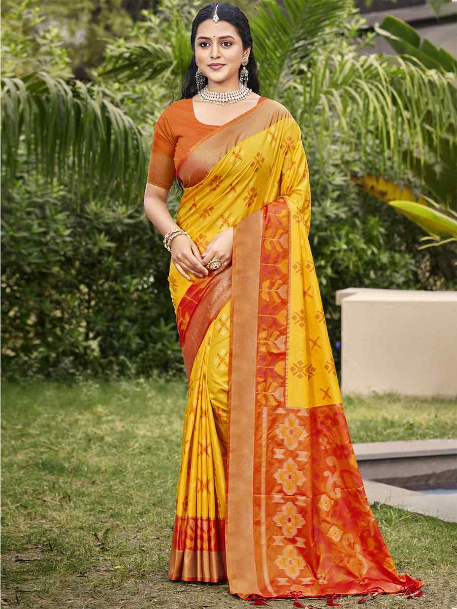 Yellow Pochampalli Silk Handwoven Festival Wedding Fancy Heavy Border Saree
