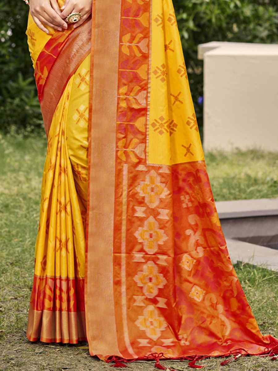 Yellow Pochampalli Silk Handwoven Festival Wedding Fancy Heavy Border Saree
