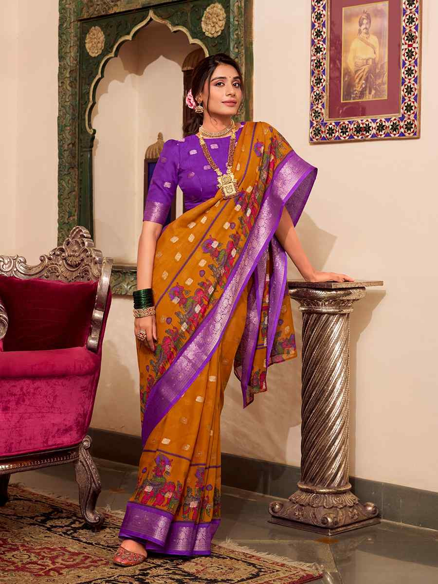 Yellow Poly Cotton Handwoven Festival Wedding Fancy Heavy Border Saree