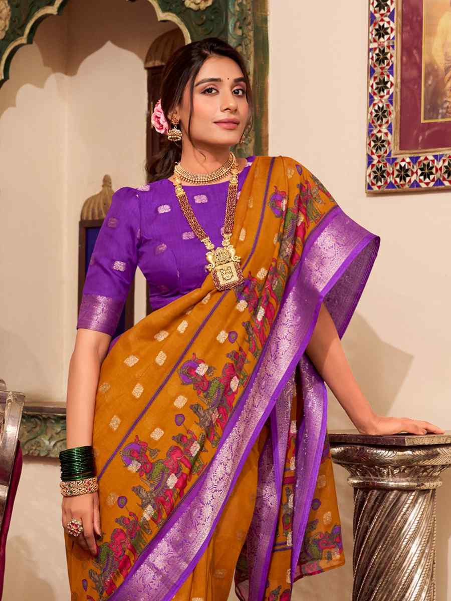 Yellow Poly Cotton Handwoven Festival Wedding Fancy Heavy Border Saree